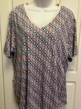Lands End Shirt Top-Tan Blue Orange Rust Aztec Pattern-V Neck-Cotton-1X-16W-18W
